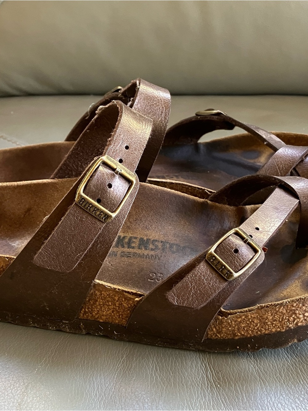 Birkenstock Brown Leather Double Buckle Slide Sandals